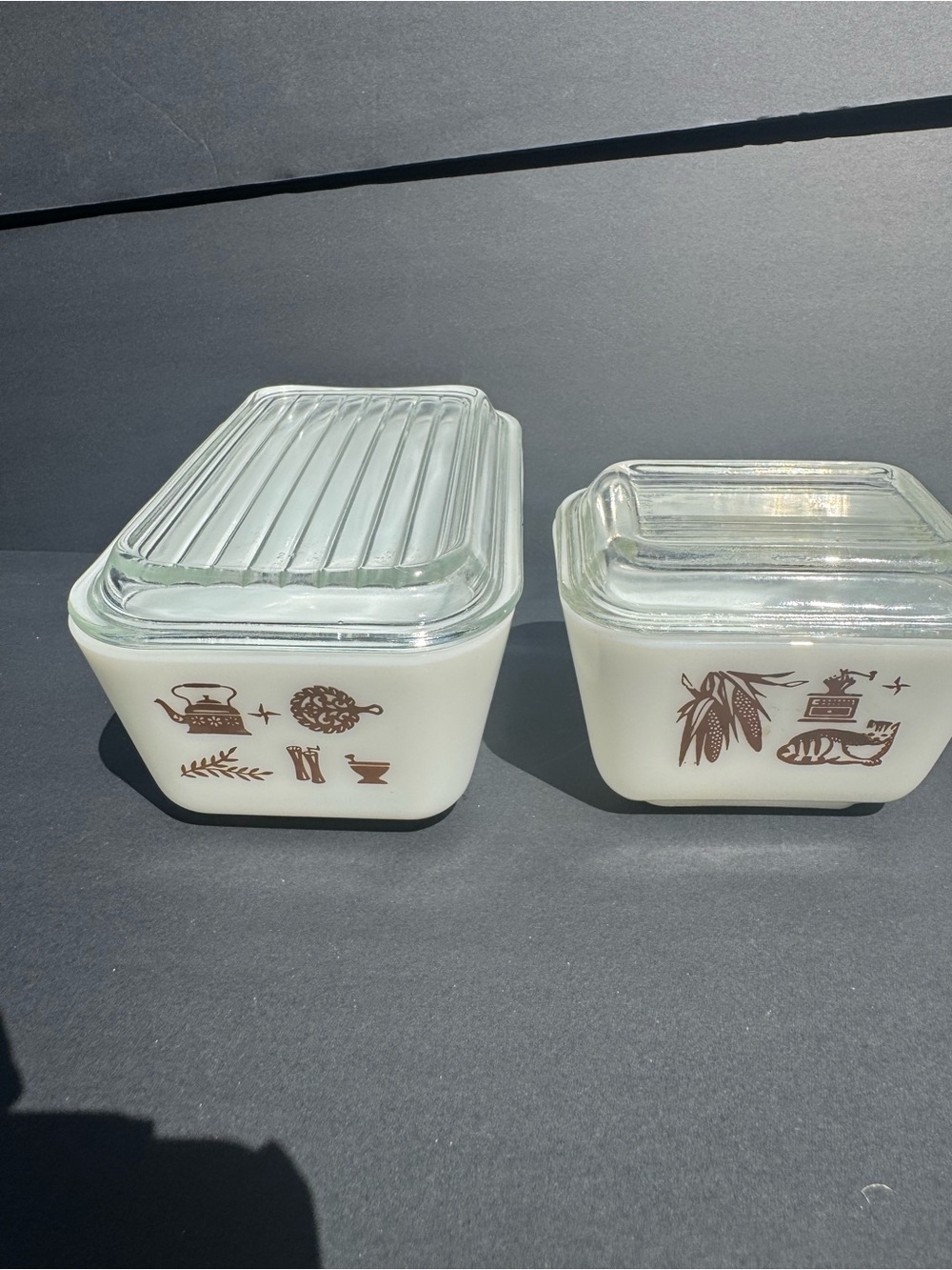 Pyrex White Glass Refrigerator Dishes with Brown Kitchen Motifs